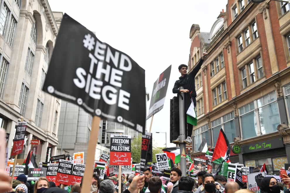Demonstrators marched to the Israeli embassy in London (Dominic Lipinski/PA)