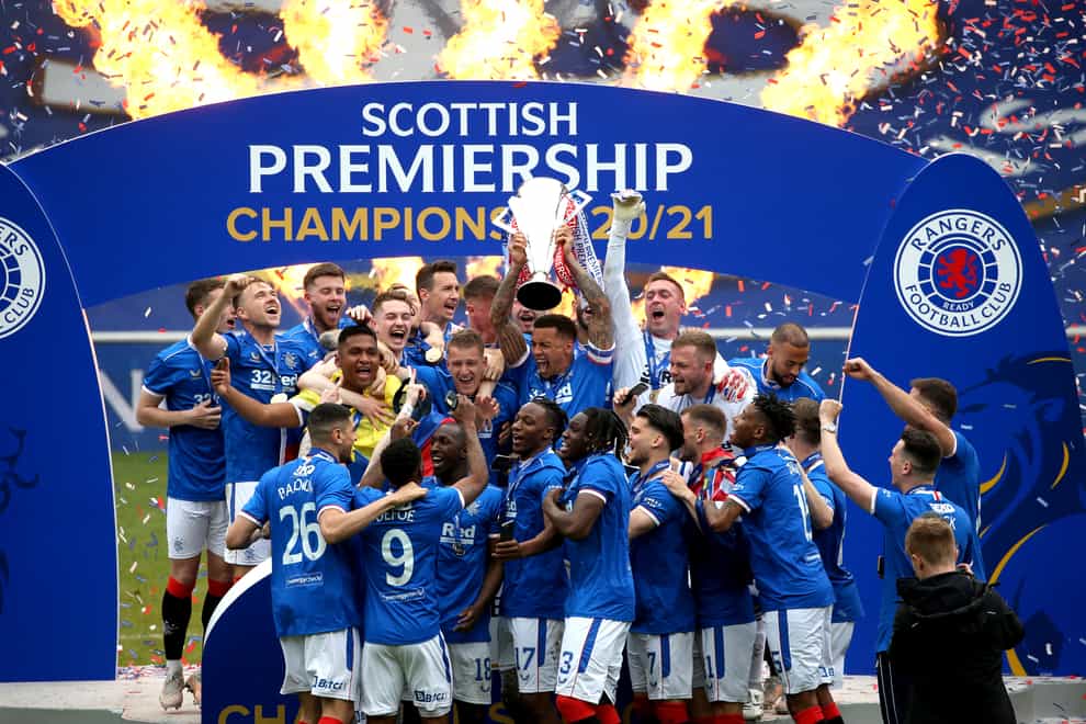 Rangers’ James Tavernier lifts the Scottish Premiership trophy