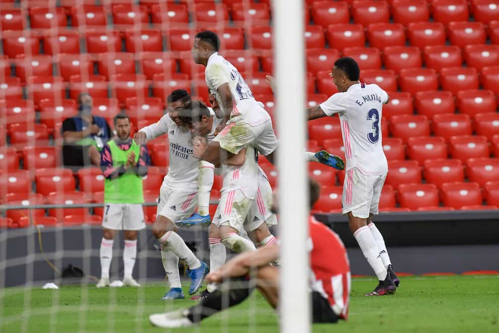 Real Madrid’s Nacho, celebrates following his second-half strike