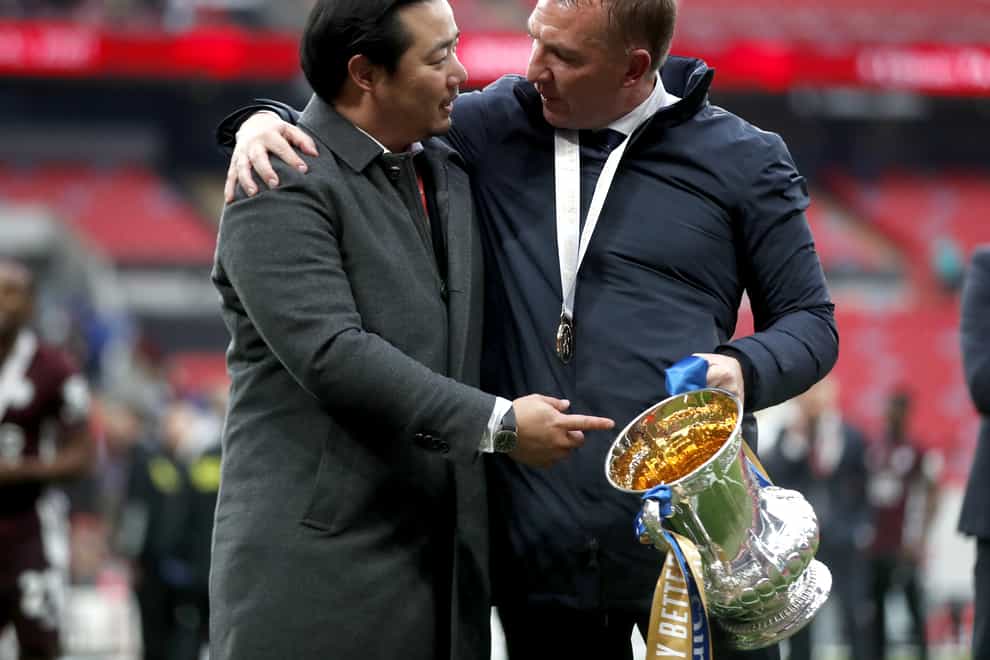 Leicester owner Khun Top (left) and manager Brendan Rodgers with the FA Cup at Wembley