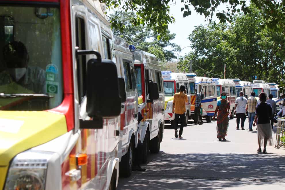 Ambulances carrying Covid-19 patients waiting at a hospital in India