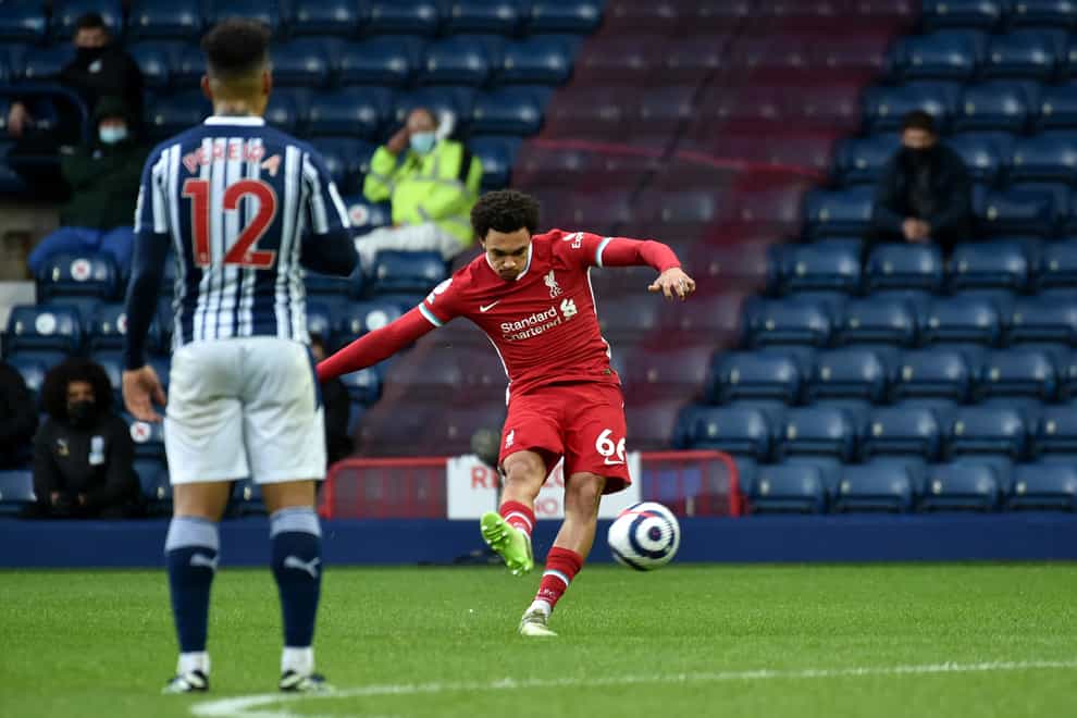 Liverpool’s Trent Alexander-Arnold takes a free-kick against West Brom