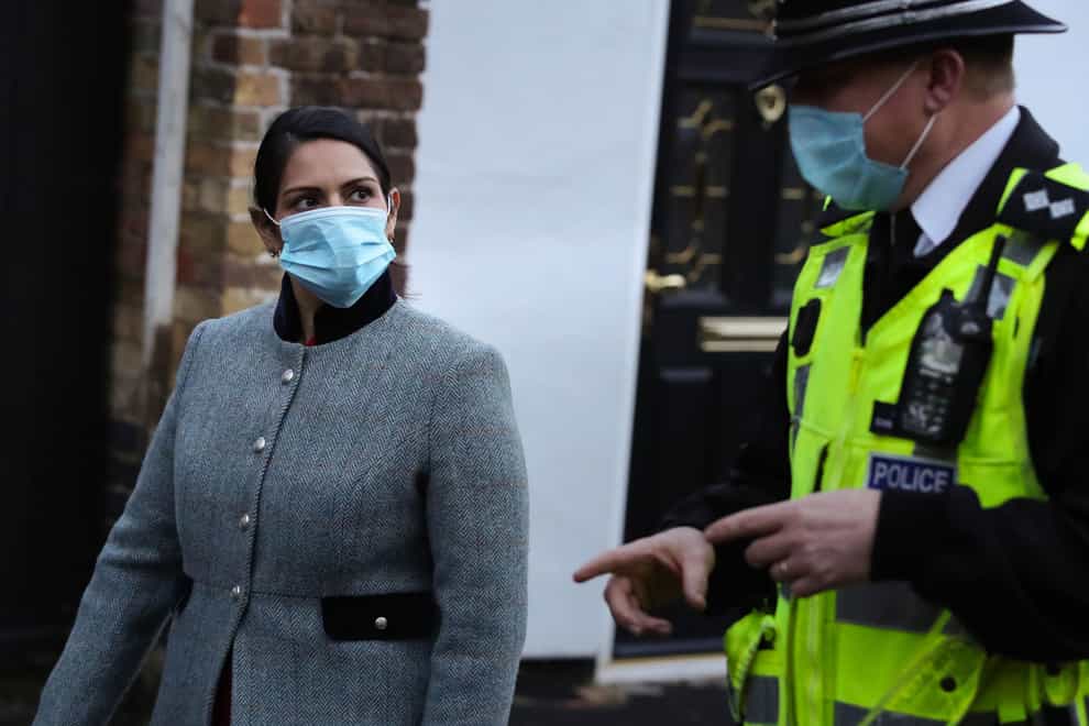 Home Secretary Priti Patel during a foot patrol with new police recruits