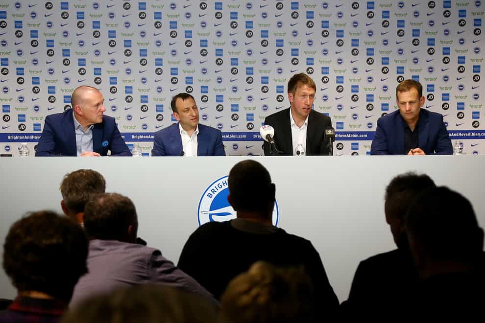 Graham Potter, centre right, is confident he has the backing of Tony Bloom, centre left