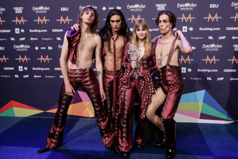 Members of the band Maneskin with the trophy after winning the Eurovision Song Contest in Rotterdam