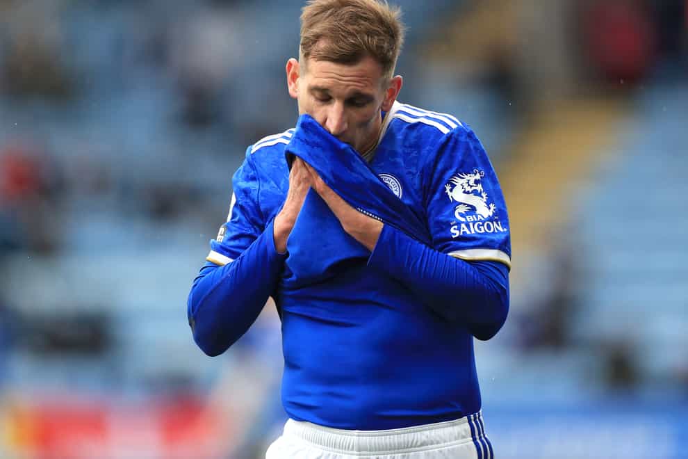 Leicester’s Marc Albrighton looks dejected during the Premier League match with Tottenham
