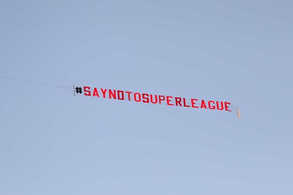 A plane with a ‘Say No To Super League’ banner flew over Elland Road on May 12