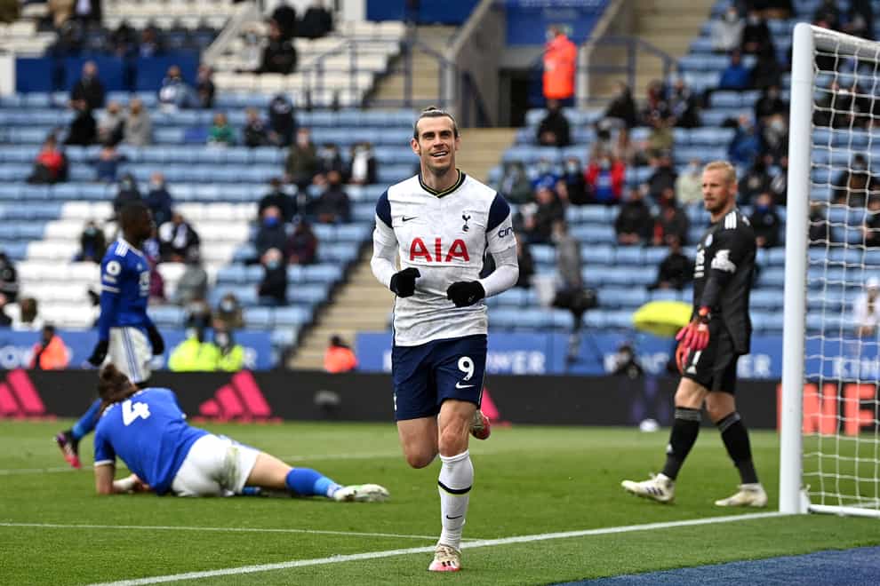 Gareth Bale celebrates scoring at Leicester