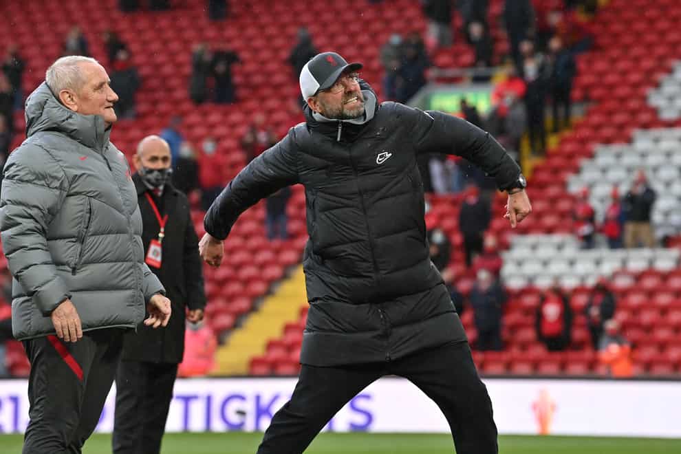 Jurgen Klopp celebrates in front of the Liverpool fans