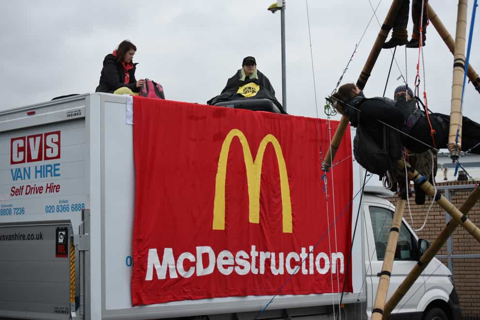 Animal Rebellion protesters outside a McDonalds distribution site in Basingstoke, Hampshire