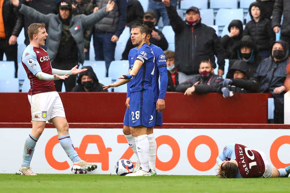 Chelsea’s Cesar Azpilicueta (right) clashes with Aston Villa’s Matt Targett after fouling Jack Grealish (right) and resulting in a red card at Villa Park