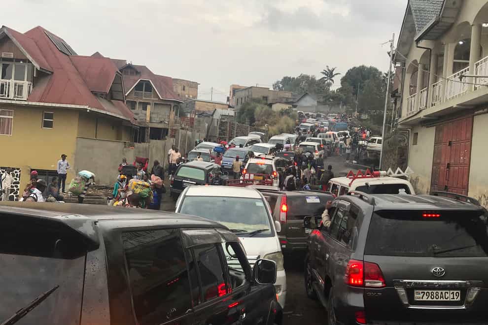 Traffic clogs a main road as residents try to flee Goma in the Democratic Republic of Congo