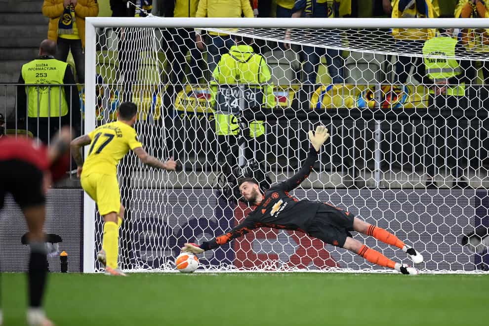 Manchester United goalkeeper David De Gea fails to save Villarreal’s Paco Alcacer’s penalty
