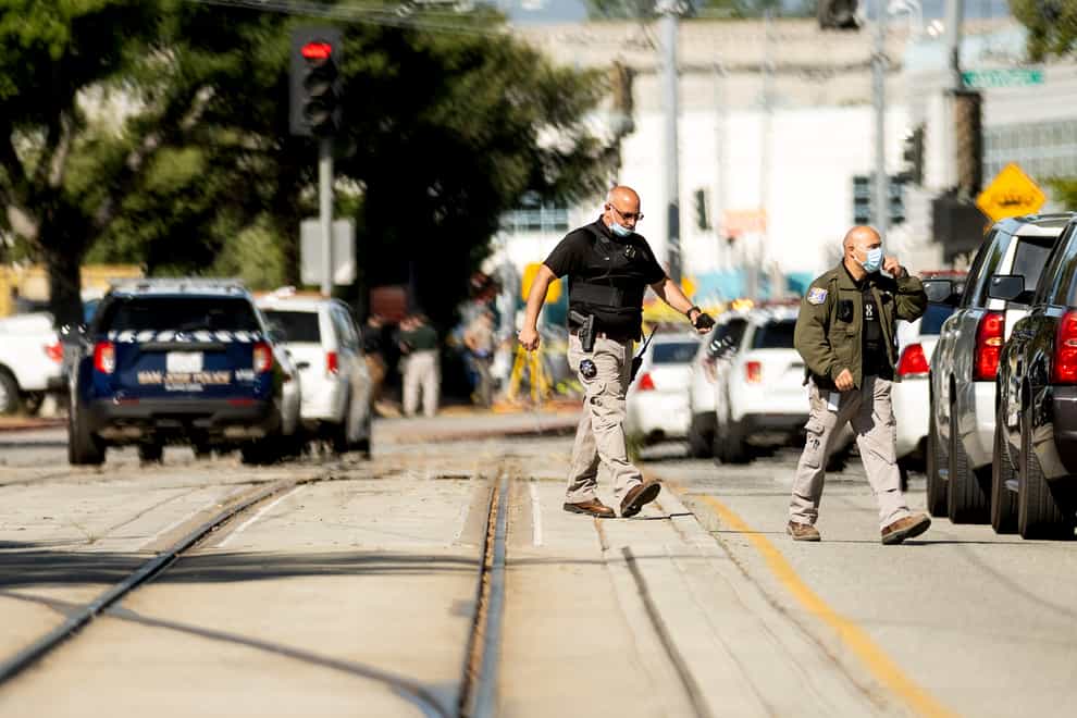 Law enforcement officers respond to the scene of a shooting at a Santa Clara Valley Transportation Authority (VTA) facility