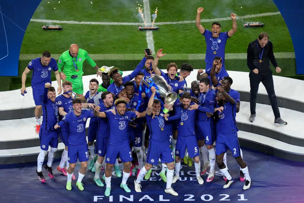 Chelsea celebrate with the Champions League trophy in Porto (Adam Davy/PA).