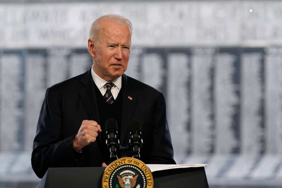 President Joe Biden speaks at a Memorial Day event at Veterans Memorial Park at the Delaware Memorial Bridge