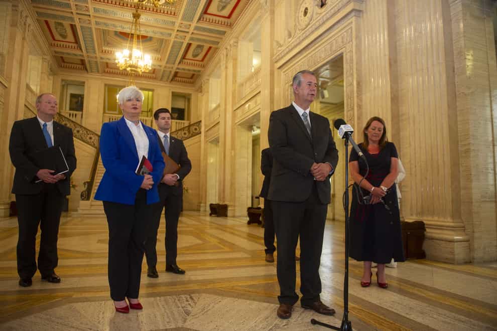 DUP leader Edwin Poots holds a press conference
