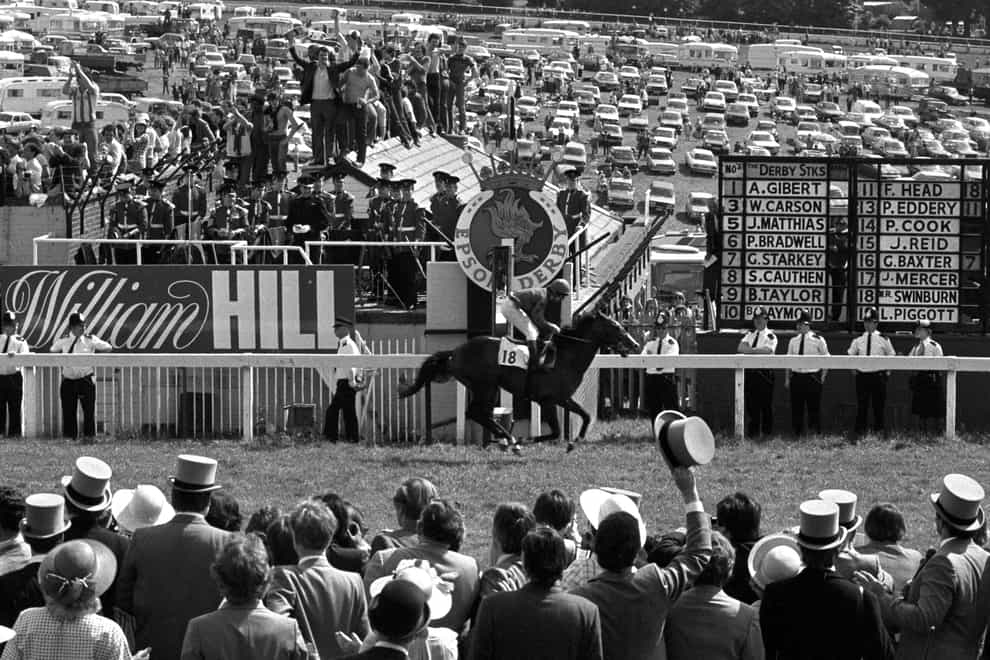 Shergar and Walter Swinburn cross the line well clear to win the Derby by a record margin in 1981