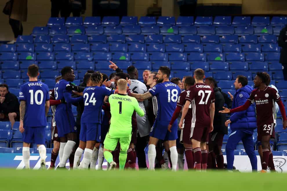 Tempers flare towards the end of Chelsea's Premier League match with Leicester