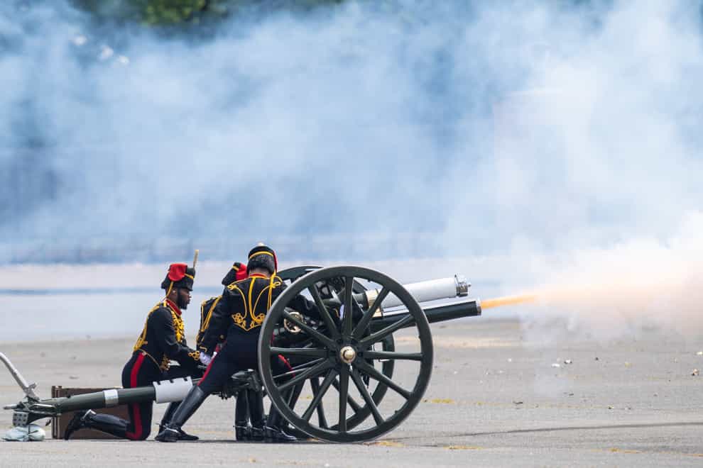 The King’s Troop Royal Horse Artillery fire a 21 gun salute at Royal Artillery Barracks in Woolwich