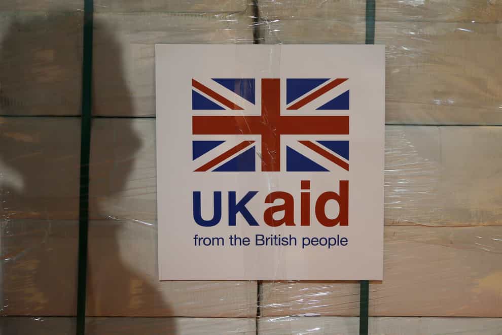 A UK aid label is attached to a box containing kitchen sets (Stefan Wermuth/PA)