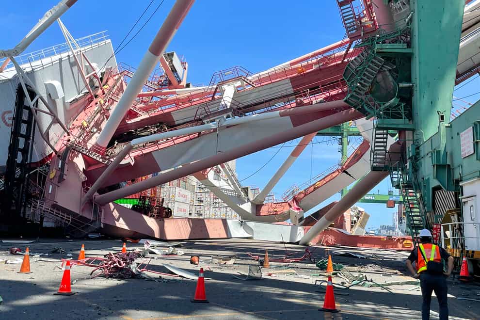 A massive crane toppled over at a port in Taiwan