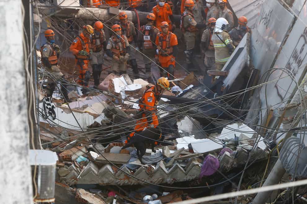 Firefighters use a sniffer dog to search for possible survivors after a building collapsed in Rio