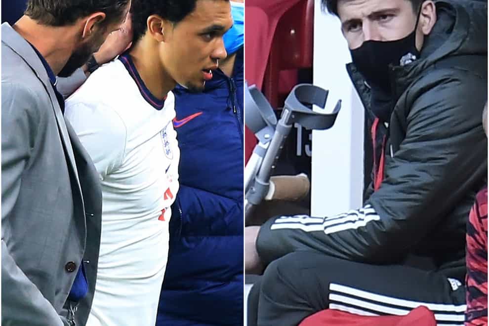 Gareth Southgate consoles Trent Alexander-Arnold, left image, while Harry Maguire waits on crutches
