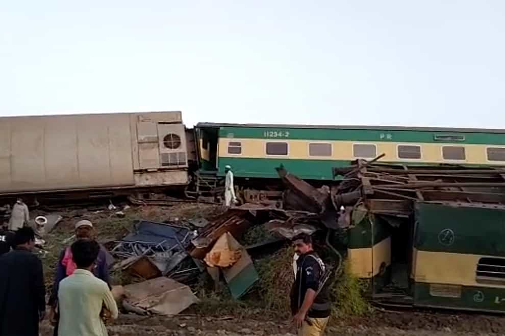 Two trains after a collision in Ghotki, Pakistan (