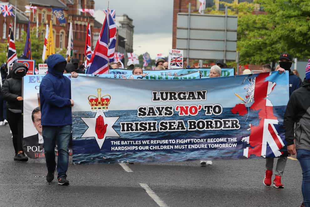Loyalists take part in an anti-Northern Ireland Protocol rally in Portadown