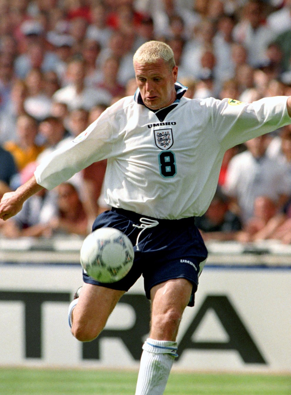 <p>Paul Gascoigne scores England’s second goal in the Euro 96 match against Scotland, at Wembley</p>