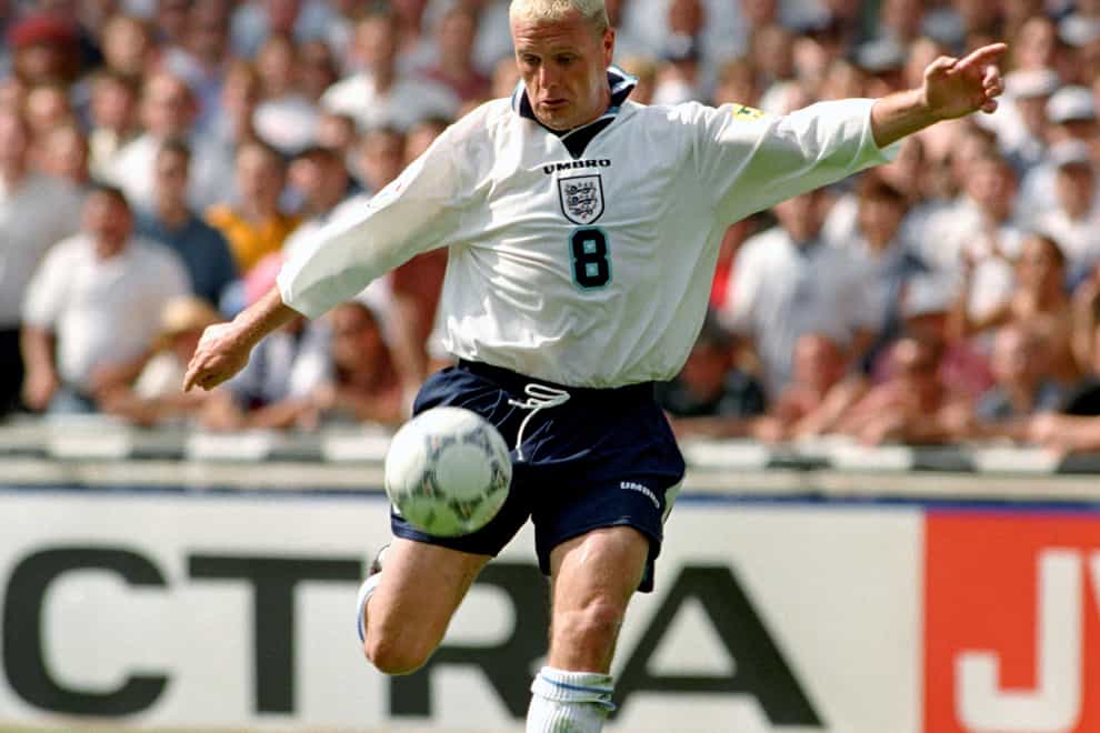 <p>Paul Gascoigne scores England’s second goal in the Euro 96 match against Scotland, at Wembley</p>