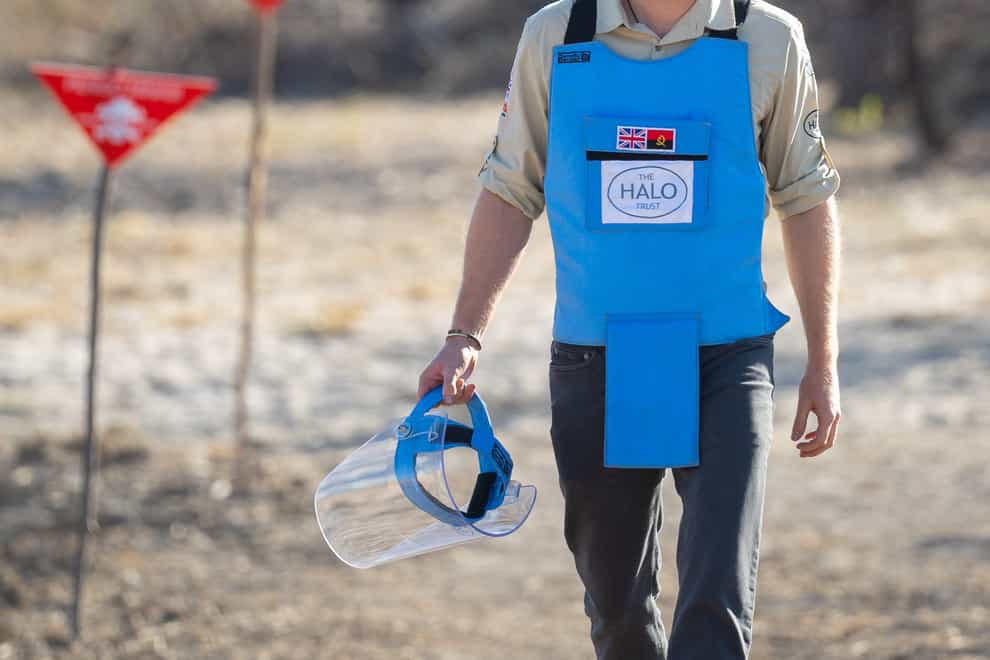 The Duke of Sussex during a visit to a minefield in Dirico, Angola, to see the work of landmine clearance charity Halo Trust in 2019