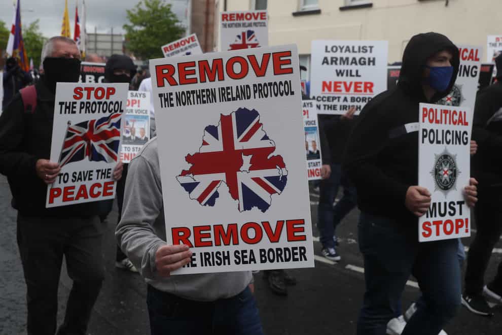 Loyalists take part in an anti-Northern Ireland Protocol rally in Portadown, Co Armagh