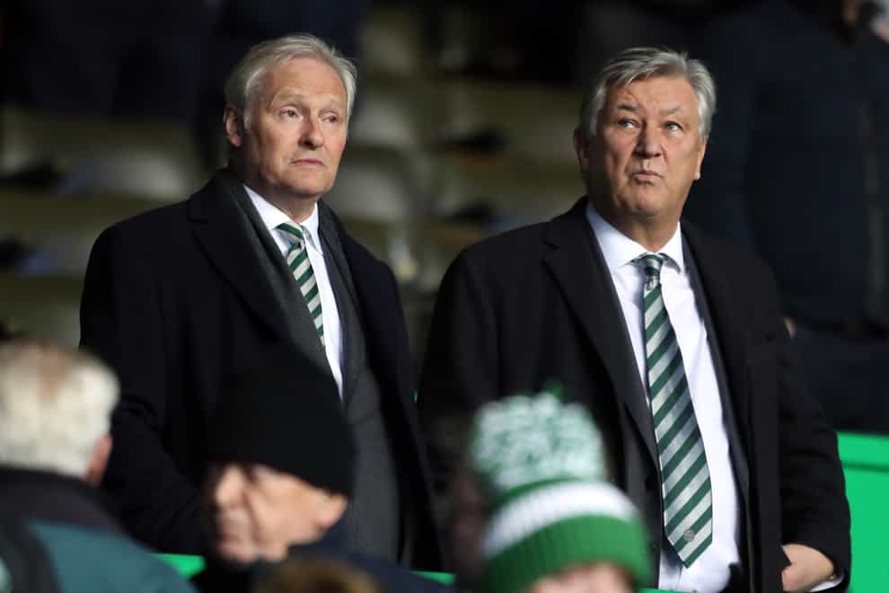 Celtic chairman Ian Bankier (left) and outgoing chief executive Peter Lawwell have welcomed Ange Postecoglou to Parkhead