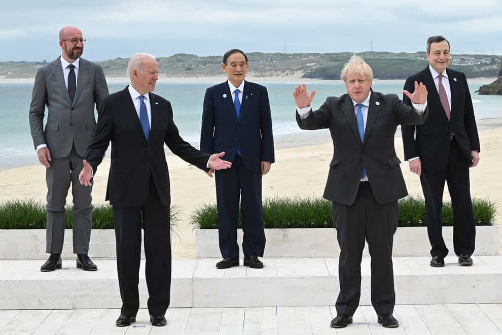 Left to right, president of the European Council Charles Michel, US President Joe Biden, Japanese Prime Minister Yoshihide Suga, British Prime Minister Boris Johnson and Italian Prime Minister Mario Draghi during the leaders' official welcome and family photo during the G7 summit in Cornwall