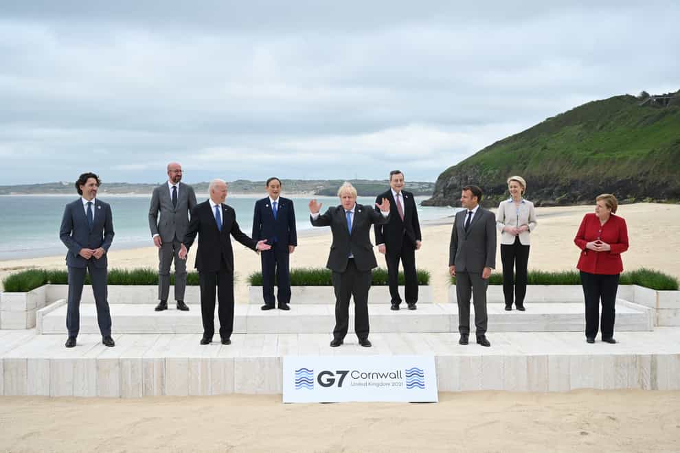 Canadian Prime Minister Justin Trudeau, president of the European Council Charles Michel, US President Joe Biden, Japanese Prime Minister Yoshihide Suga, British Prime Minister Boris Johnson, Italian Prime Minister Mario Draghi, French President Emmanuel Macron, president of the European Commission Ursula von der Leyen and German Chancellor Angela Merkel during the leaders' official welcome and family photo in Carbis Bay during the G7 summit in Cornwall