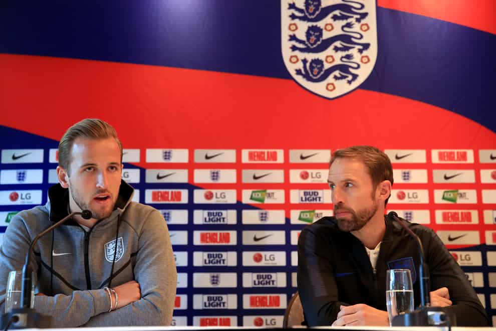 Harry Kane (left) and Gareth Southgate in a media conference