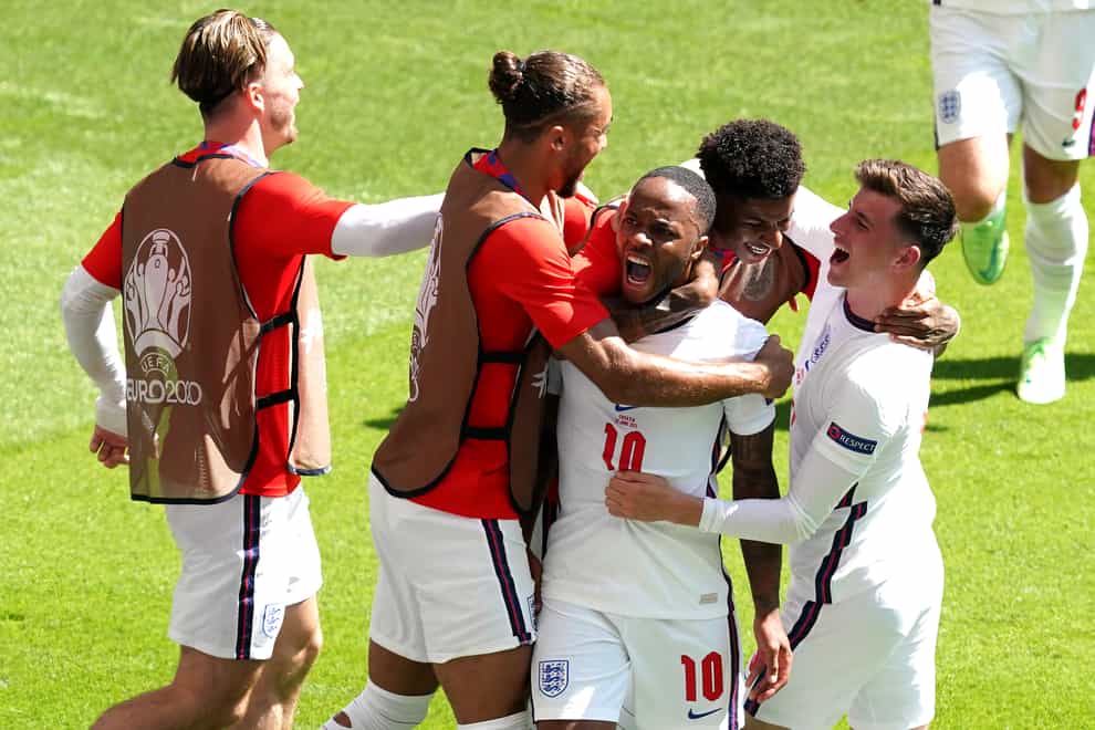 England’s Raheem Sterling celebrates scoring the winning goal