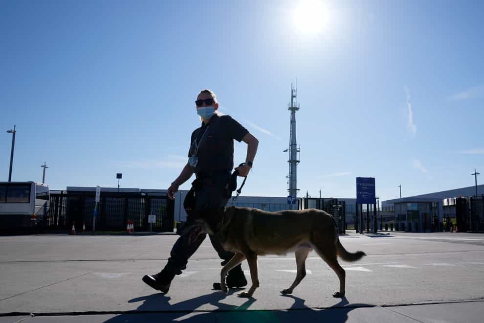 A member of security patrols with a dog during a Nato summit in Brussels (Francois Mori/AP)