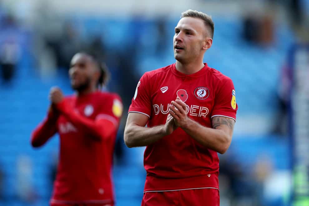 Bristol City’s Andreas Weimann applauds the fans at full time during the Sky Bet Championship match at the Cardiff City Stadium.