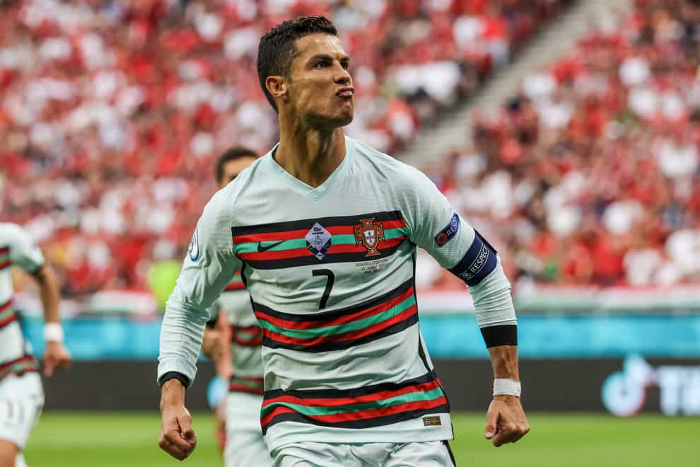 Cristiano Ronaldo celebrates his record-breaking goal against Hungary