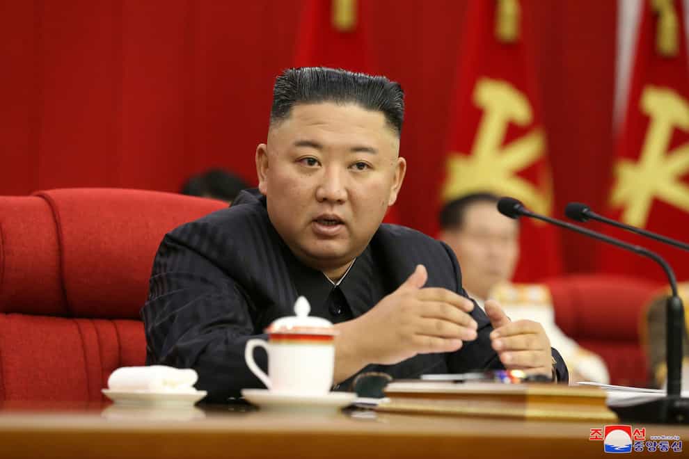 <p>North Korean leader Kim Jong Un speaks during a Workers’ Party meeting in Pyongyang on Thursday</p>