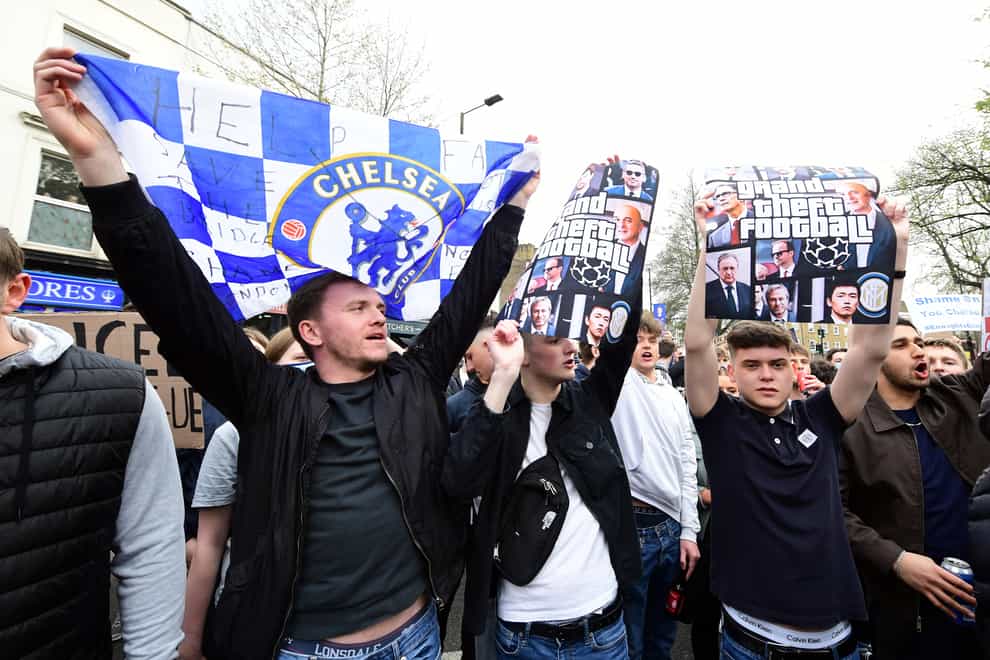 Chelsea fans protesting against the Super League in April