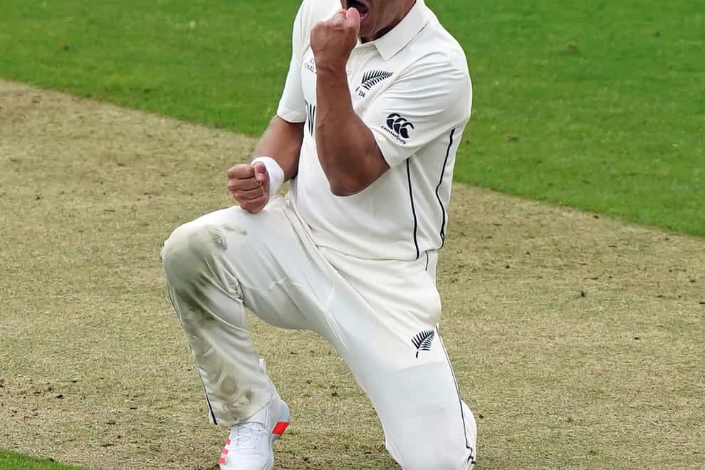 Neil Wagner celebrates taking the wicket of India’s Shubman Gill