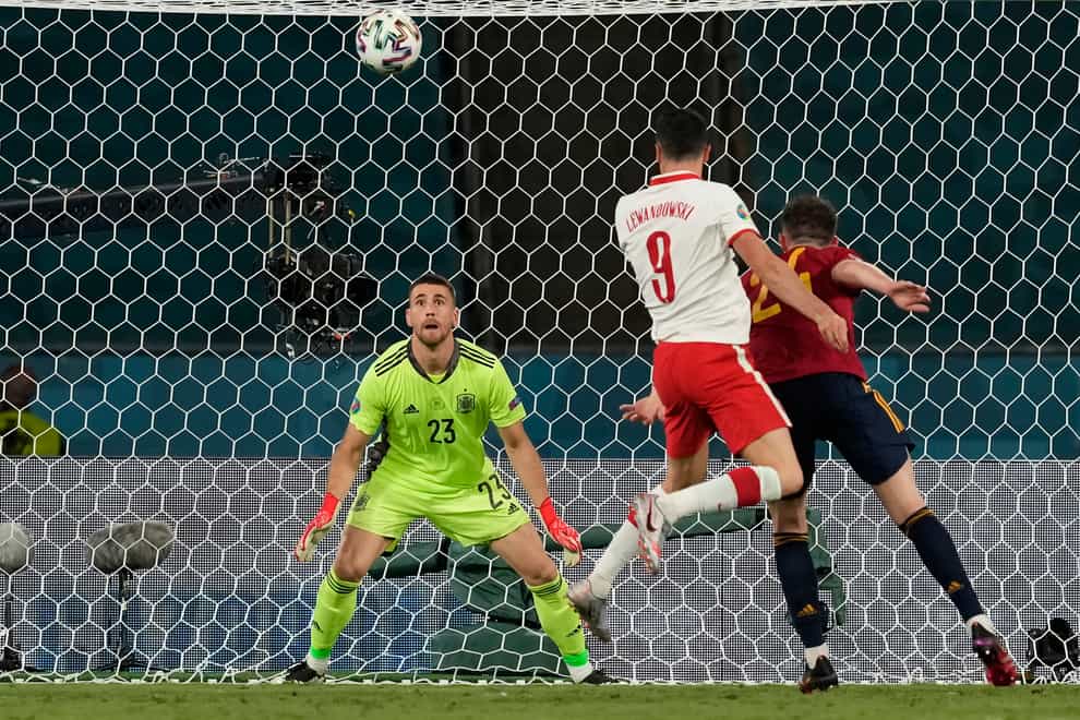 Poland’s Robert Lewandowski (centre) scored against Spain in Euro 2020