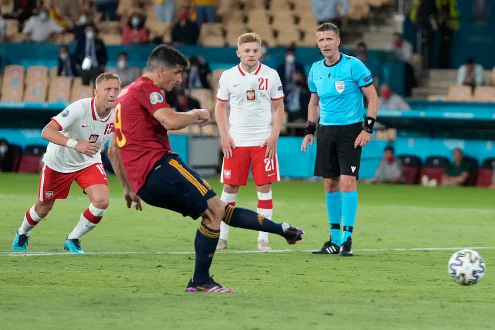 Spain’s Gerard Morena misses a penalty against Poland at Euro 2020