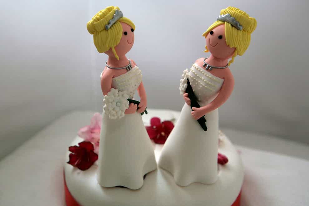 General view of a wedding cake topper for a civil partnership ceremony