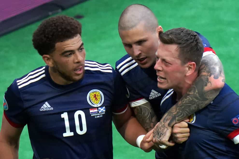 Callum McGregor, right, celebrates after scoring Scotland’s goal against Croatia