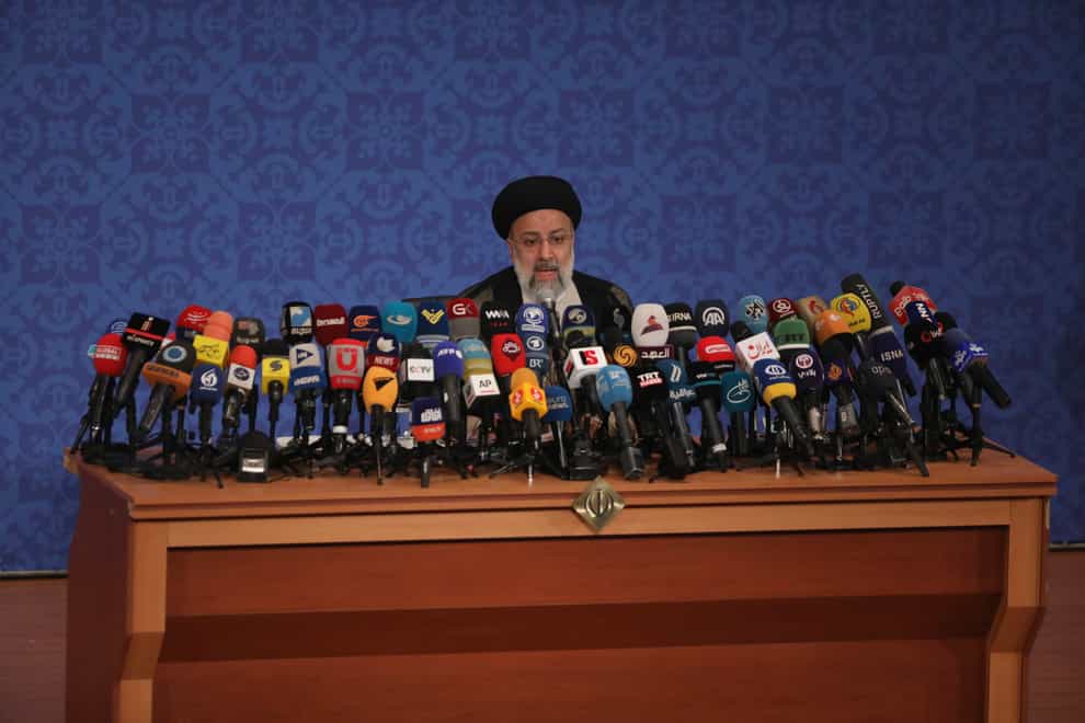 Iran’s new President-elect Ebrahim Raisi speaks during a press conference in Tehran